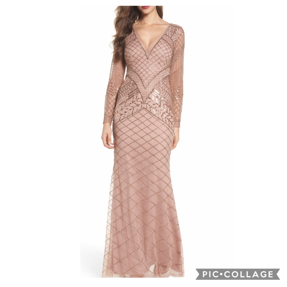 Adrianna-Papell beaded long sleeves V-Neck long evening Gown - Picture 2 of 9